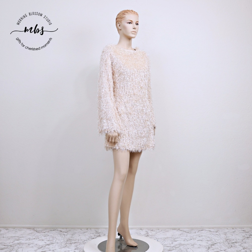 NWT En Creme Eyelash Shag Crew Bohemian Sweater Mini Dress Champagne Women L